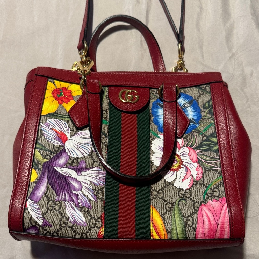 Gucci Red and Green Floral Satchel - Picture 6 of 7